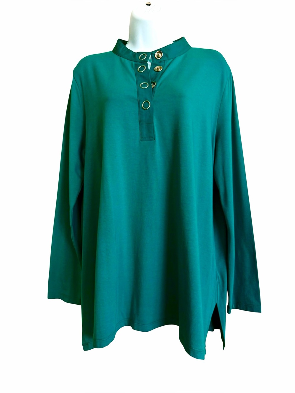 Soft Surroundings Green Henley Snap Button Tunic Top Sz XL Stretchy Jersey Knit